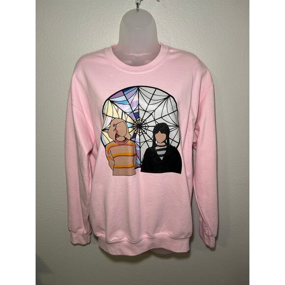 Gildan Heavy Blend Pink Sweatshirt – Medium – Custom Wednesday Inspired Graphic - Picture 1 of 7